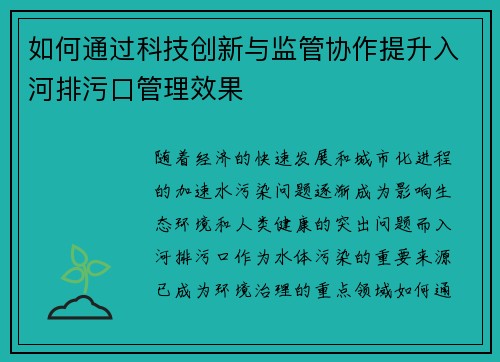 如何通过科技创新与监管协作提升入河排污口管理效果