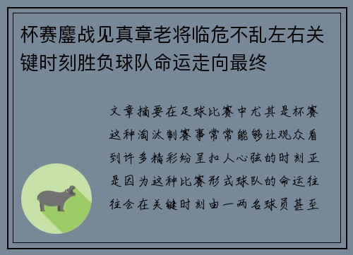 杯赛鏖战见真章老将临危不乱左右关键时刻胜负球队命运走向最终 杯赛鏖战见真章老将临危不乱左右关键时刻胜负球队命运走向最终